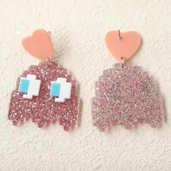 Glittery Pink Ghost Dangle Earrings (Pacman Style) - Picture 3 of 8